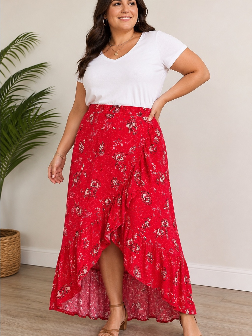 Torrid Size 2 Red Paisley Faux Wrap Maxi Skirt Boho Ruffle High Low 2X